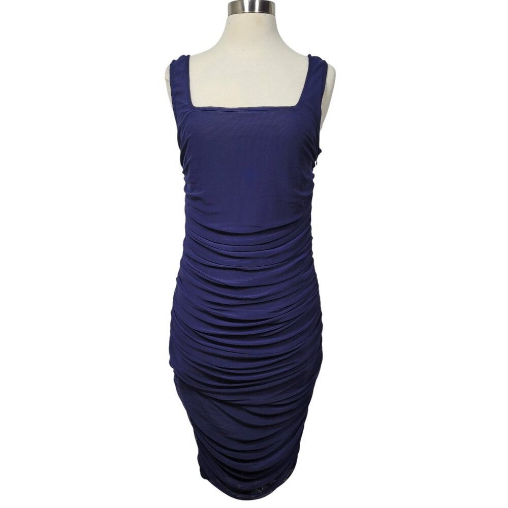 Venus Women's Ruched Bodycon Tank Mini Dress Sleeveless Mesh Navy Blue Size M
